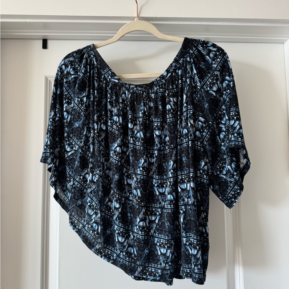 Free People Black and Blue Patterned Blouse